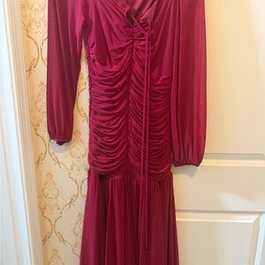 Fashion Nova Ruched Long Sleeve Midi Dress in Berry